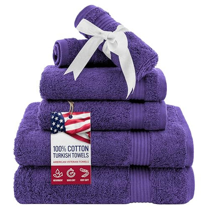 American Veteran Towel, 6 Piece Towel Set for Bathroom, 100% Cotton Turkish Bathroom Towels, 2 Bath Towels 2 Hand Towels 2 Washcloths, Purple - color: Purple, size: X Large 6 PC