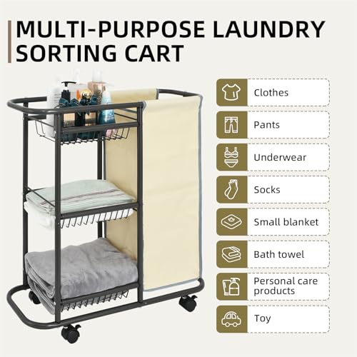 Rolling Laundry Basket with Wheels and Handle,3 Storage Baskets, 45 L Bag | Heavy Duty Laundry Cart, Space Saving Laundry Room Organization - color: Beige