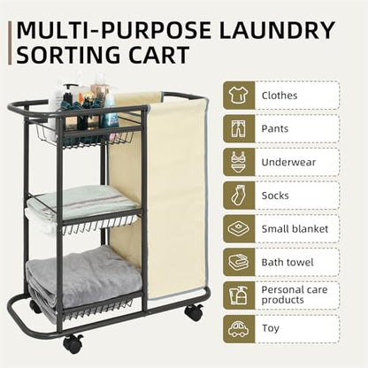 Rolling Laundry Basket with Wheels and Handle,3 Storage Baskets, 45 L Bag | Heavy Duty Laundry Cart, Space Saving Laundry Room Organization - color: Beige