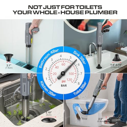 Electric Toilet Plunger and Disposable Brush Bundle, Heavy Duty High Pressure Air Unclogger Tool, 360° Toilet Wand Cleaning System with Caddy & 6 Refills