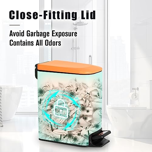 Cesun Small Bathroom Trash Can with Lid, 1.6 Gal, Soft Close, Matte Orange | Step pedal soft close, Slim 5.9in fits narrow spaces, Stainless steel, Anti-fingerprint, Removable inner bucket, Odor seal - color: Matt Orange