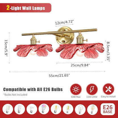 2-Light Red Floral Wall Sconce Mid Century Antique Gold Bathroom Vanity Light with Metal Base, Wall Lighting Fixture Over Mirror for Living Room Bedroom Hallway - color: 2-light, Red