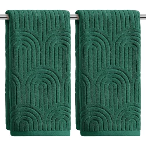 Artoid Mode 2 Pcs Dark Green 3D Arched Stripes Jacquard Hand Towels for Bathroom, 100% Cotton Soft Absorbent Bathroom Decor Towels, 13.7 x 29.5 Inch - color: Dark Green, size: 13.7" x 29.5", 2PCS