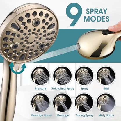 Hand Shower with Slide Bar, High Pressure 10 Setting Handheld Shower Head, Adjustable Height 24" Slide Bar, Wall Supply Elbow and 6.6ft Extra Long Shower Hose - Gold - color: Zirconium Gold