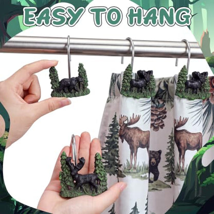 Roowest 12 Pcs Farmhouse Forest Shower Curtain Hooks Western Wildlife Bear Deer Moose Shower Curtain Hooks Stainless Steel Rust Resistant Rings Hangers for Farmhouse Cabin Winter Rustic Bathroom Decor - style: Forest