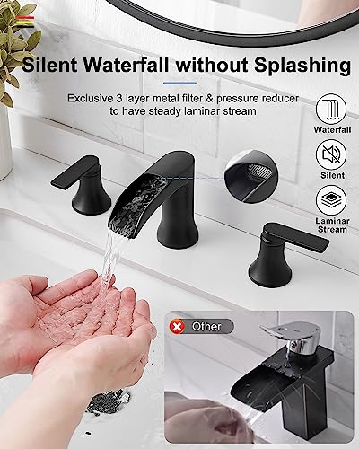Waterfall Bathroom Sink Faucet, Brass Black Bathroom Faucet, 4-8 Inch 2 Handles Widespread Bathroom Faucets for Sink 3 Hole Vanity Lavatory Farmhouse RV with Pop Up Drain and Supply Hose - color: Matte Black, style: WITH Pop Up Drain