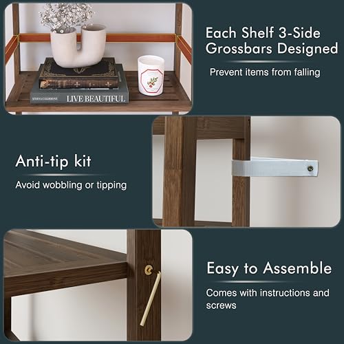 HITNET Bathroom Wall Cabinet and Ladder Shelf, Bamboo Over Toilet Hanging Storage Organizer with Adjustable Shelf, Space Saving Leaning Book Shelf, Walnut