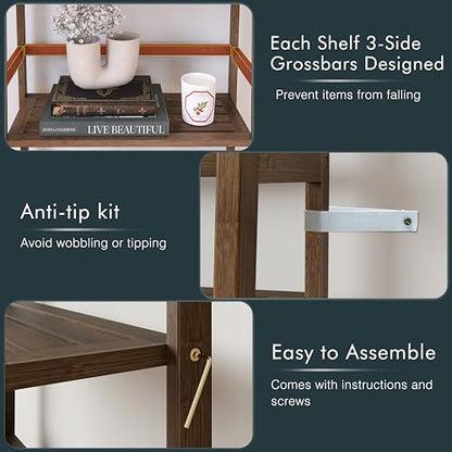 HITNET Bathroom Wall Cabinet and Ladder Shelf, Bamboo Over Toilet Hanging Storage Organizer with Adjustable Shelf, Space Saving Leaning Book Shelf, Walnut
