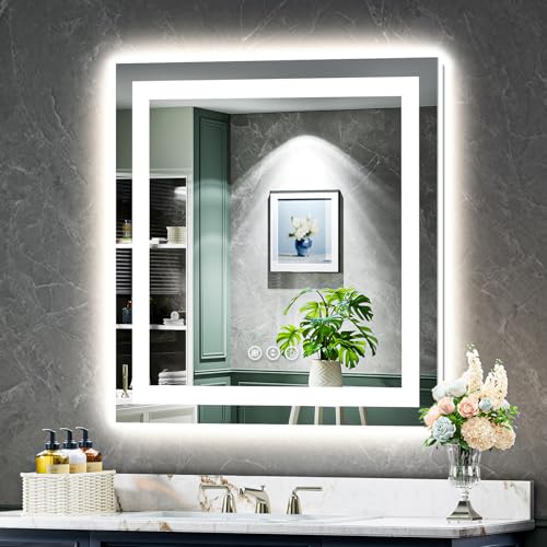 30x30 Inch LED Bathroom Mirror with Lights Front and Backlit Lighted Vanity Mirror for Bathroom Wall with 3 Colors Dimmable Anti-Fog Memory Shatter-Proof IP54 Waterproof Horizontal/Vertical - color: Backlit+front Lit, size: 30"L x 30"W