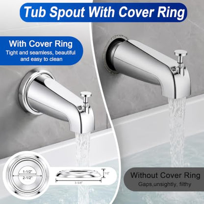 Universal Polished Chrome Tub Spout with Diverter, Metal Cover and Adapter | Pull Down Bathroom Tub Faucet Replacement, for 1/2" Copper Pipe, 1/2" IPS & 3/4" IPS threaded, Bathtub Spout with Hex Wrench - color: Chrome