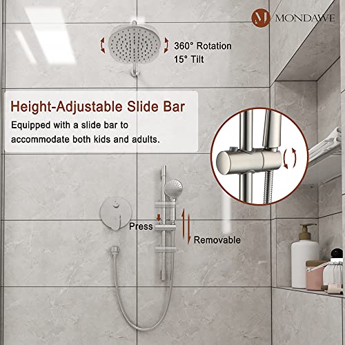 MONDAWE 9 Inch Wall Mounted Shower Faucet Set in Brushed Nickel, Rainfall Shower Head with 3-Setting Handheld Spray Shower Set Combo, High Pressure Shower System with Solid Brass Valve - color: Brushed Nickel, style: 9 IN - Without Tub Spout