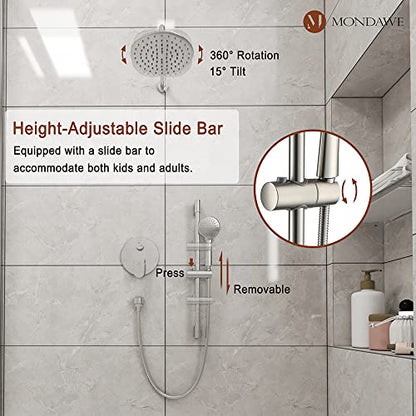 MONDAWE 9 Inch Wall Mounted Shower Faucet Set in Brushed Nickel, Rainfall Shower Head with 3-Setting Handheld Spray Shower Set Combo, High Pressure Shower System with Solid Brass Valve - color: Brushed Nickel, style: 9 IN - Without Tub Spout