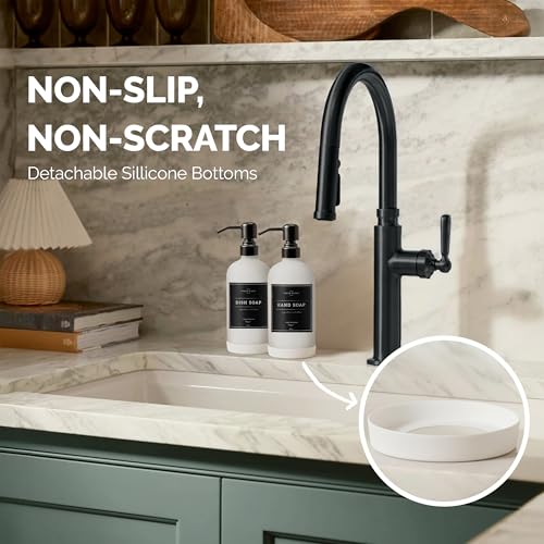 Vine Creations White Glass Soap Dispenser, 2 Pack Kitchen Soap Dispenser Set with Stainless Steel Pump, 16 oz Dish Soap and Hand Soap Dispensers for Bathroom with Waterproof Labels - color: Matte White Bottle / Matte Black Pump