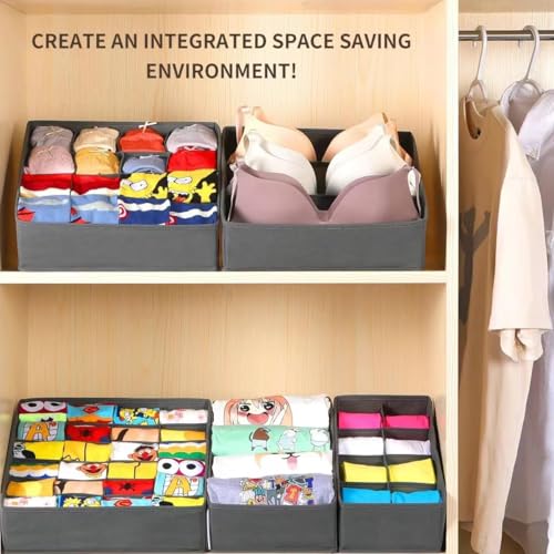 SUREMAX 5-Pack Underwear Drawer Organizer for Socks, Bras, Ties, Grey | Foldable, Fabric Drawer Dividers, Fits Standard 13"+ Dressers, 55 Compartments, for Bedroom, Closet, Bathroom