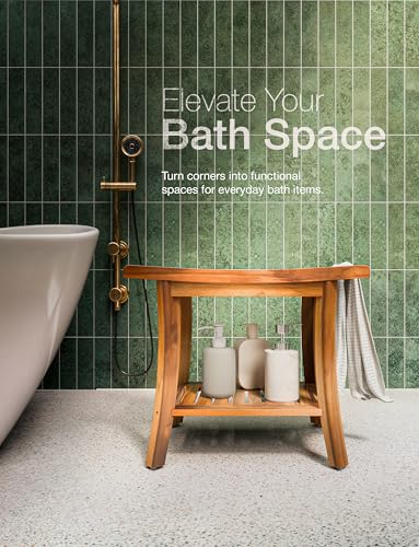 TINAMO 22" Teak L Shower Bench Seat for Inside Shower, 400Lbs Capacity | Solid Teak Wood, Sturdy 400 LBS Capacity, Slatted Design, Built-In Shelf & Handles, Non-Slip, Water-Resistant, Versatile Use