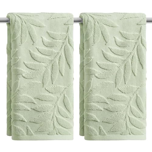 Artoid Mode 2 Pcs Light Green 3D Leaves Jacquard Hand Towels for Bathroom, 100% Cotton Soft Absorbent Bathroom Decor Towels, 13.7 x 29.5 Inch - color: Light Green, size: 13.7" x 29.5", 2PCS