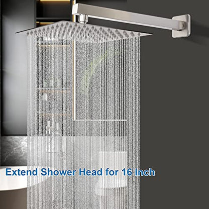 Shower Head with Extension Arm, High Pressure Square with ShowerArm, Stainless Steel Rainfall-Waterfall Full Body Coverage (10'' Shower with 16'' Arm, Brushed Nickel) - color: Brushed Nickel, size: 10'' Shower with 16'' Arm