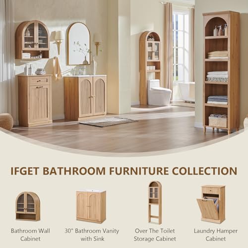 IFGET Bathroom Arched Wall Cabinet, 23.6'' Wide Medicine Cabinet with Adjustable Shelves & Glass Doors, Over The Toilet Storage Wall Mount Cabinet for Laundry Room, Kitchen & Living Room, Natural Oak - color: Natural Oak