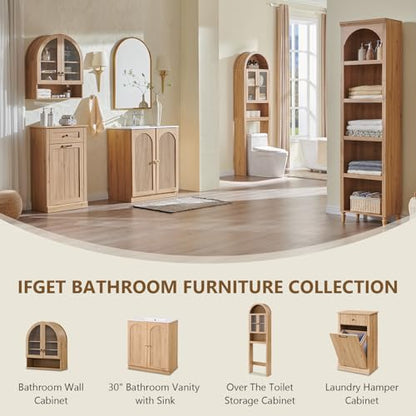 IFGET Bathroom Arched Wall Cabinet, 23.6'' Wide Medicine Cabinet with Adjustable Shelves & Glass Doors, Over The Toilet Storage Wall Mount Cabinet for Laundry Room, Kitchen & Living Room, Natural Oak - color: Natural Oak