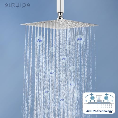 Airuida 10 Inch Brushed Nickel Shower Faucet Set,Rainfall Shower System | Ceiling Shower Head,Male Thread Rough-in Valve,Ceiling Mount,Single Handle - color: Brushed Nickel, size: 10 Inch