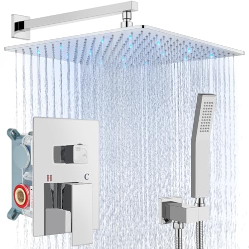 Aolemi Shower Faucet Set with Valve Handheld 16" LED Head Polish Chrome | Handheld Spray,16 Inch Rain LED Head,Valve and Trim Kit,All Metal,Wall Mount Shower System,Bathroom Mixer - color: Chrome, size: 16 Inch LED Shower Head