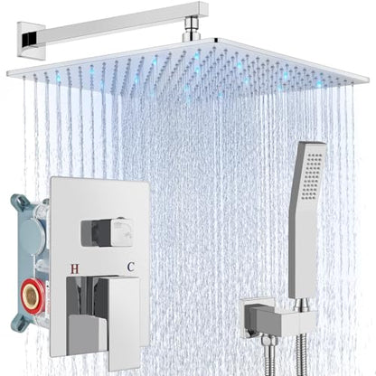 Aolemi Shower Faucet Set with Valve Handheld 16" LED Head Polish Chrome | Handheld Spray,16 Inch Rain LED Head,Valve and Trim Kit,All Metal,Wall Mount Shower System,Bathroom Mixer - color: Chrome, size: 16 Inch LED Shower Head