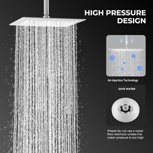 12 Inch Rain Shower Head, 12" Square Rainfall & High Pressure Stainless Steel Bath Shower Head, 1/16" Ultra Thin, Waterfall Full Body Coverage with Silicone Nozzle, Polished Chrome - color: Brushed Nickel, size: 12 Inch