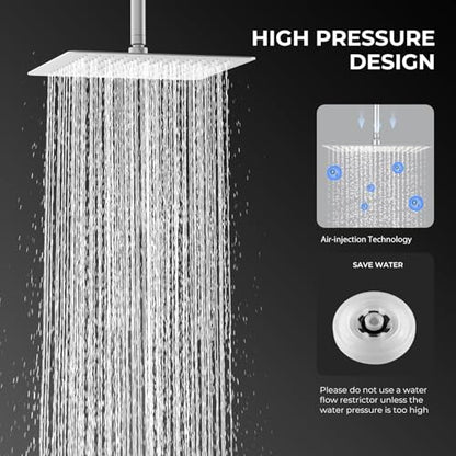 12 Inch Rain Shower Head, 12" Square Rainfall & High Pressure Stainless Steel Bath Shower Head, 1/16" Ultra Thin, Waterfall Full Body Coverage with Silicone Nozzle, Polished Chrome - color: Brushed Nickel, size: 12 Inch