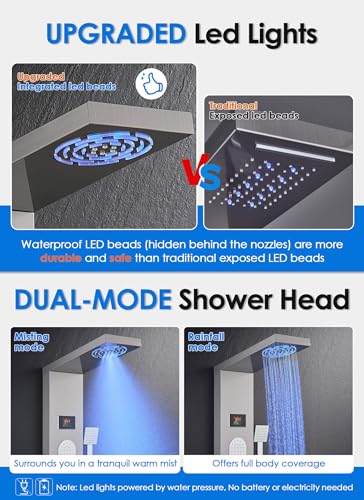 ROVOGO Shower Panel Tower With Hydroelectric LED Lights & Digital Display | Rain Mist Shower Head, Handheld, 2-Type Body Jets, Tub Spout, 50 Inch Shower Column Stainless Steel W/ Brass Valves, Brushed - style: 2-Type Jets Brushed