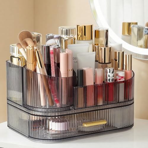 Delamu Rotating Makeup Organizer countertop, Brush Holder for Vanity, Black | Stackable Drawer Makeup Storage for Skincare, Lipstick, Brushes & Perfume, Fits Dresser & Bathroom Countertop, Gift for Women - color: Black