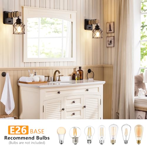 FadimiKoo Dimmable Wall Sconces Set of Two, Bedside Wall Mounted Lamp with Rotary Switch, Wooden Black Bathroom Light Fixtures with Metal Cage, Hardwired Farmhouse Wall Lights for Bedroom, Living Room - color: Black, size: 1-Light (2 Pack)