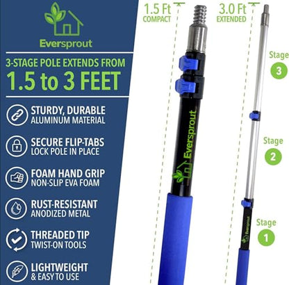 EVERSPROUT Scrub Brush, 1.5 to 3ft Pole, Rubber Bumper, No-Scratch | For Cars, Trucks, RV, Boats, Driveways, Decks, Patios, Decks, House Siding, 8-10ft Standing Reach, Non-Slip Grip, Lightweight - size: 3 feet