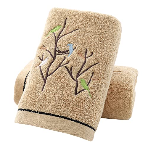 Hand Towels Set of 2 Embroidered Bird Tree Pattern 100% Cotton Absorbent Soft Decorative Towel for Bathroom (Brown) - color: 2 Brown, size: 13.8 x 29.5
