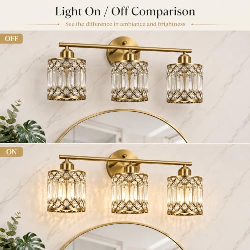 Lxybcce Brushed Antique Brass 3-Light Bathroom Vanity Light, 19 in Modern Crystal Bathroom Lighting Fixtures Over Mirror, E26 Hardwired Bathroom Wall Sconce - color: Gold, size: 19in