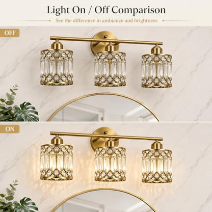 Lxybcce Brushed Antique Brass 3-Light Bathroom Vanity Light, 19 in Modern Crystal Bathroom Lighting Fixtures Over Mirror, E26 Hardwired Bathroom Wall Sconce - color: Gold, size: 19in