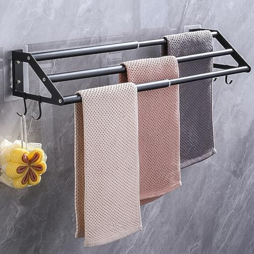 3-Layers Bathroom Towel Bar Wall Mounted, Adhesive Bath Towel Holder Rack | Stainless Steel, Adhesive or Screw-in, 13.5"-24.5" Adjustable Design, Black Hand Towel Rod with Hooks for Home Kitchen Toilet