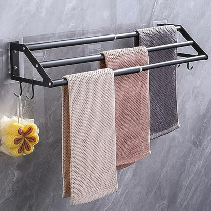 3-Layers Bathroom Towel Bar Wall Mounted, Adhesive Bath Towel Holder Rack | Stainless Steel, Adhesive or Screw-in, 13.5"-24.5" Adjustable Design, Black Hand Towel Rod with Hooks for Home Kitchen Toilet