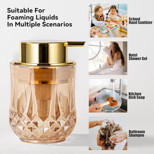 Foaming Soap Dispenser - Amber Glass Foam Soap Dispenser, 8 Oz Golden Foam Hand Wash Dispenser for Bathroom, Modern Home Refillable Dish Dispenser for Kitchen (Golden)