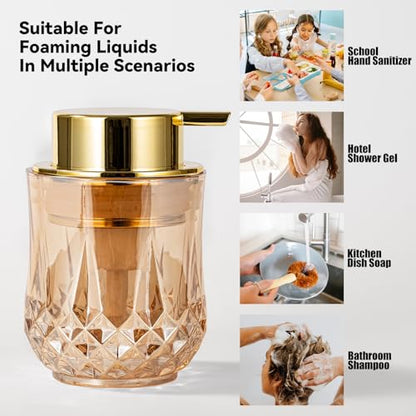 Foaming Soap Dispenser - Amber Glass Foam Soap Dispenser, 8 Oz Golden Foam Hand Wash Dispenser for Bathroom, Modern Home Refillable Dish Dispenser for Kitchen (Golden)