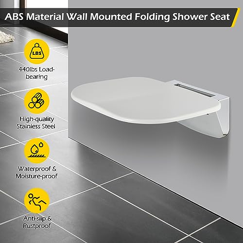 Dyna-Living Wall Mounted Folding Shower Seat 440 LBS Load-Bearing | Fold Down Shower Seat for Inside Shower, 13.7" Wide Shower Bench, Space-Saving, Stainless Steel Frame & Non-slip Surface