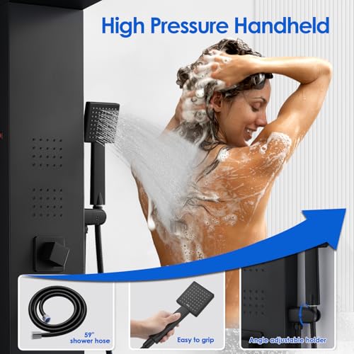 ROVOGO Shower Panel Tower System with Led Lights and 5 Shower Modes, 46.5" | Rainfall Waterfall Shower Head, 4 Body Jets, Handheld & Tub Spout, Stainless Steel Shower Column w/ Brass Valve, Matte Black - color: Black-4 jets