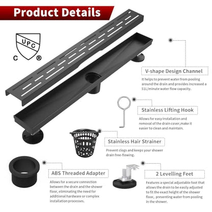 Sharp-tec Linear Shower Drain, 28 inch Shower Drain with Removable Pattern Cover, Matte Black 304 Stainless Steel Rectangle Floor Drain, Adjustable Feet and Hair Strainer Included (Model 101) - color: Matte Black, size: 28 inch
