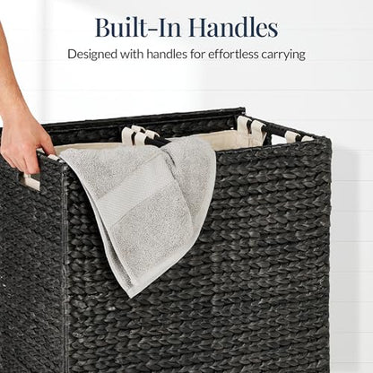 Best Choice Products Large Double Laundry Hamper with Lid, Natural Handwoven Water Hyacinth, 2 Sections w/ 2 Machine Washable Linen Liner Bags, Portable, Handles - Black - color: Black