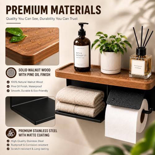 Toilet Paper Holder with Wide Solid Wood Shelf, Wall Mounted Matte Black | 16" X 5.3" Double Roll Holder Fits Phone & Large Wipes Storage | Rust-Resistant for Rustic Farmhouse Bathrooms Organizer