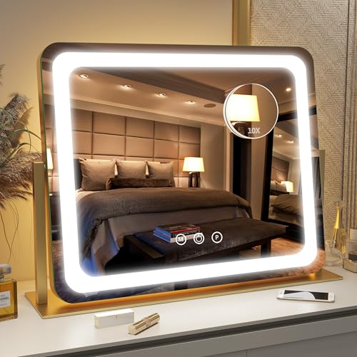 FENNIO Gold Vanity Mirror with Lights 22"x19", LED Lighted Makeup Mirror, Large Makeup Mirror, Make up Mirror with Lighting,Touch Screen with 3-Color Lighting,Dimmable,for Vanity Desk Tabletop - color: Gold, size: 22"L x 17"W