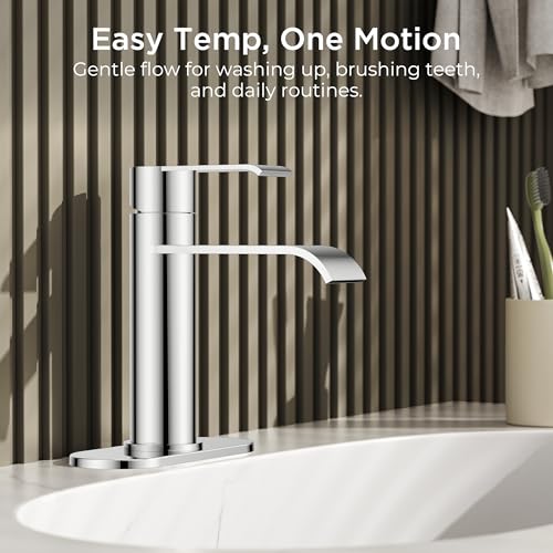 FORIOUS Waterfall Chrome Bathroom Faucet 1 Hole Rv Bathroom Sink Faucet Set | Single Handle Waterfall Bathroom Faucet Single Hole, Polished Chrome Faucet for Bathroom Sink One Hole with Plate and Drain - color: Chrome