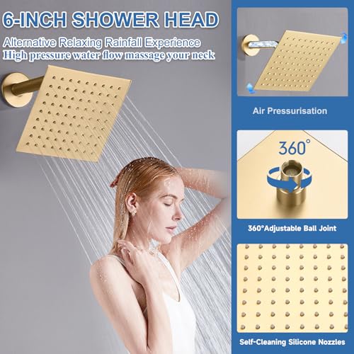 Dual Rainfall Shower Head System Brushed Gold, 3-Function Push Button Shower Faucet Set with 12" Wall Mount Rain shower head and 6" Wall Mount Shower Head, Pressure Balance Rough-in Valve - color: Brushed Gold, style: Wall Mount