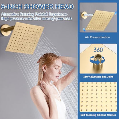 Dual Rainfall Shower Head System Brushed Gold, 3-Function Push Button Shower Faucet Set with 12" Wall Mount Rain shower head and 6" Wall Mount Shower Head, Pressure Balance Rough-in Valve - color: Brushed Gold, style: Wall Mount