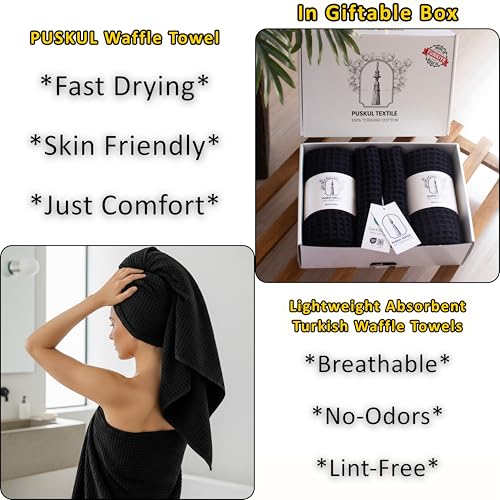 PÜSKÜL Natural 100% Turkish Cotton Waffle Towels Set of 4-Piece, Black | 2-Bath sheet (Extra-large 32x63") and 2-Hand towel (Large 32x16"). Premium honeycomb-waffle weave, oeko-tex made in Turkiye. - color: Black