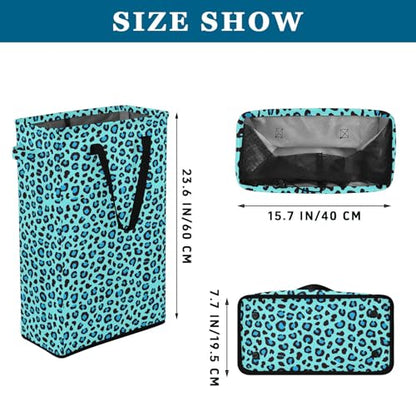 Leopard Cheetah Aqua Laundry Hamper Dirty Clothes Laundry Basket Bin for Bedroom Bathroom with Handles Slim Tall Collapsible Waterproof Freestanding 48L - color: Leopard cheetah Aqua